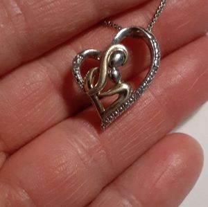 Sterling Silver Mom Child Diamond Heart Pendant Chain Necklace